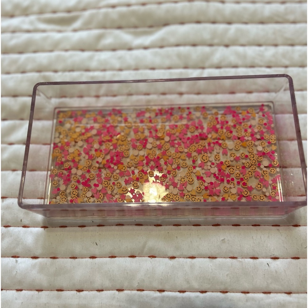 Acrylic tray from Etsy. Pink and orange detailing.